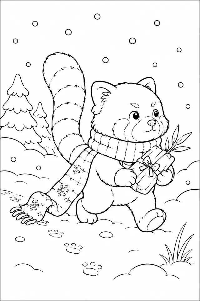 Kleiner Panda trägt Wollschal im Schnee