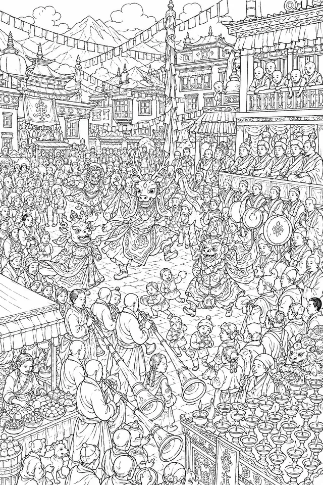 Tibetisches Kloster-Fest-Wimmelbild
