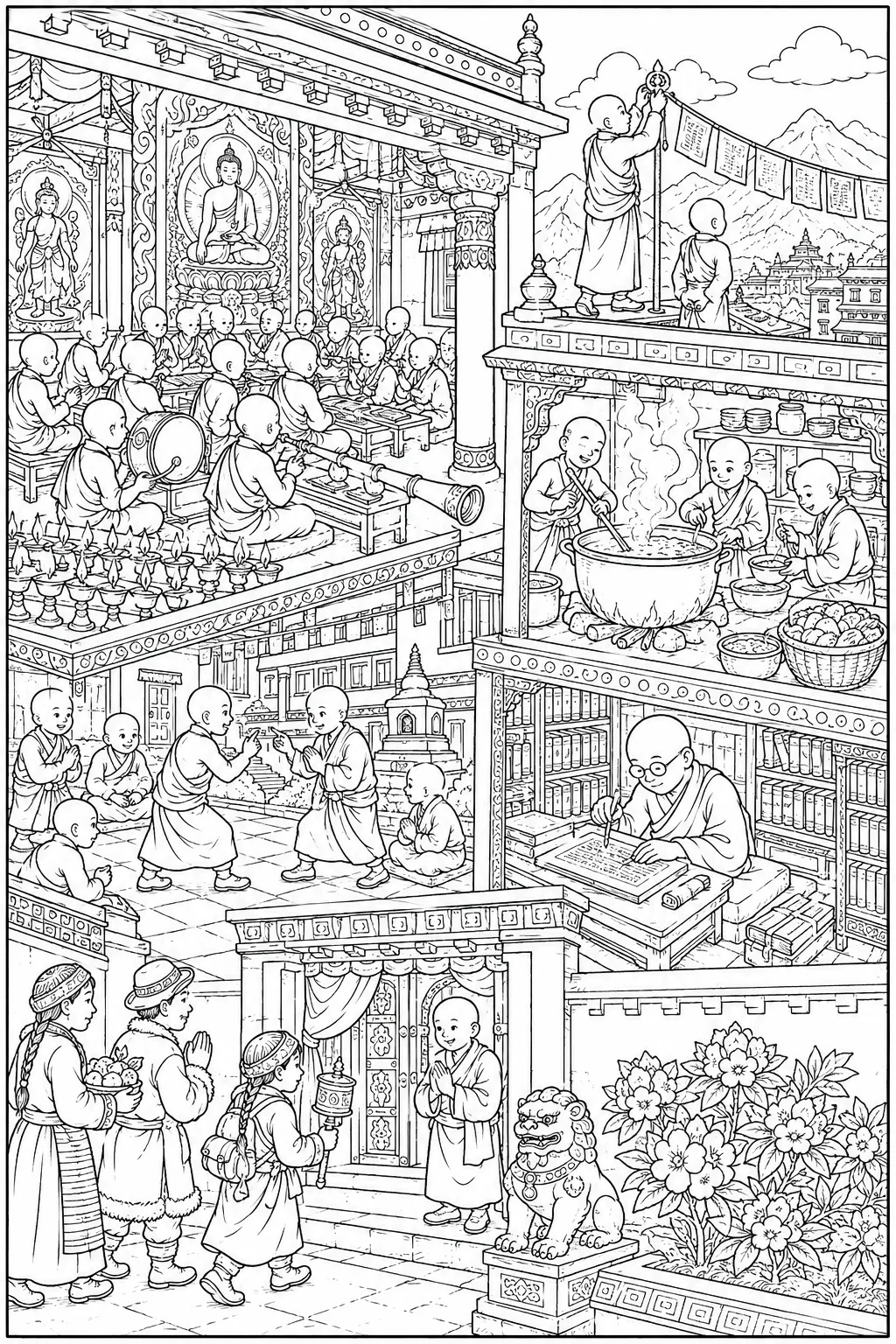 Ausmalbild: Tibetisches Kloster mit betenden Mönchen, Küche, Bibliothek und Hof gleichzeitig