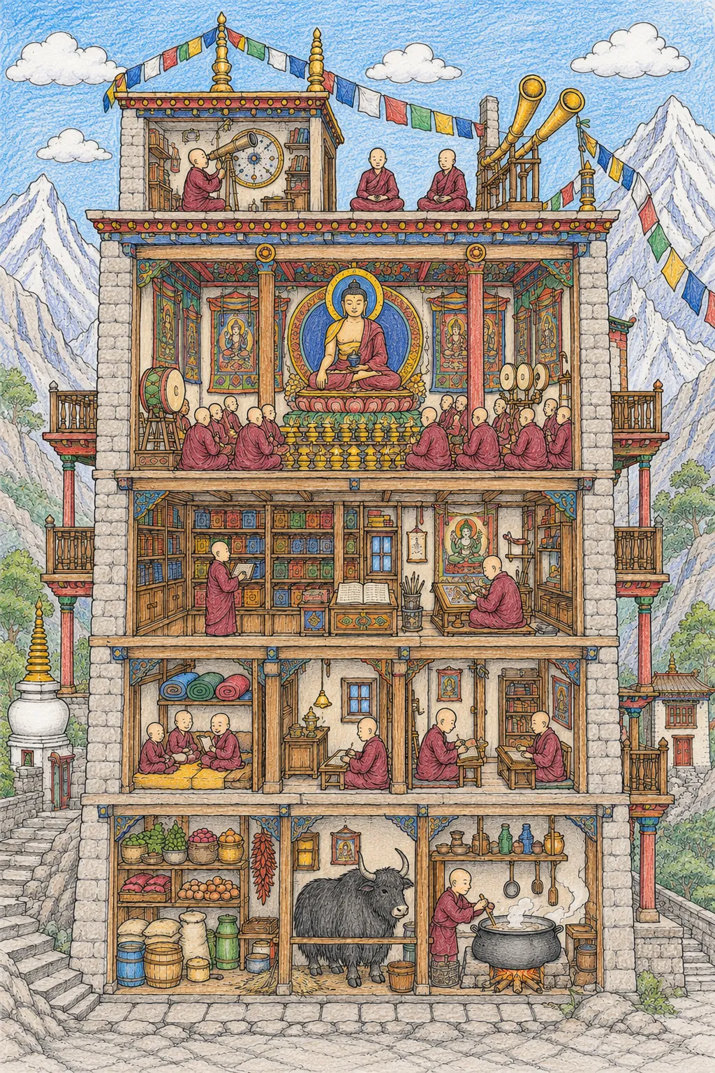 Himalaya-Kloster-Querschnitt