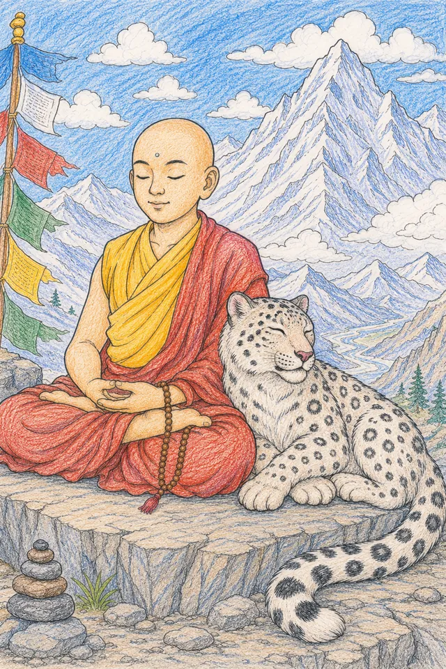 Ausmalbild: Himalaya-Bergkette im Morgenrot mit wandernden Tierherden in der Weite