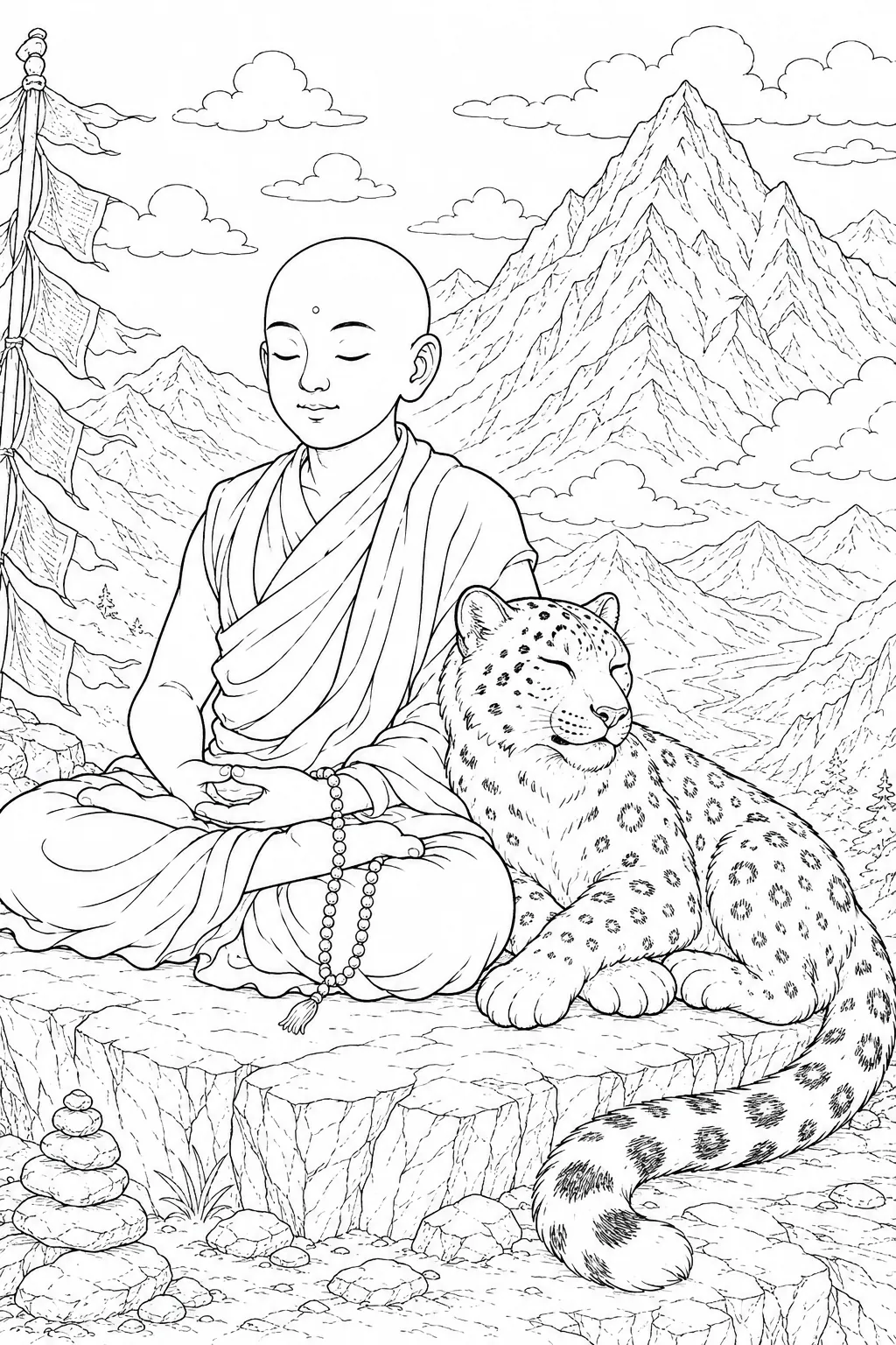 涂色页：晨光中喜马拉雅山脉与广阔空间中迁徙的动物群