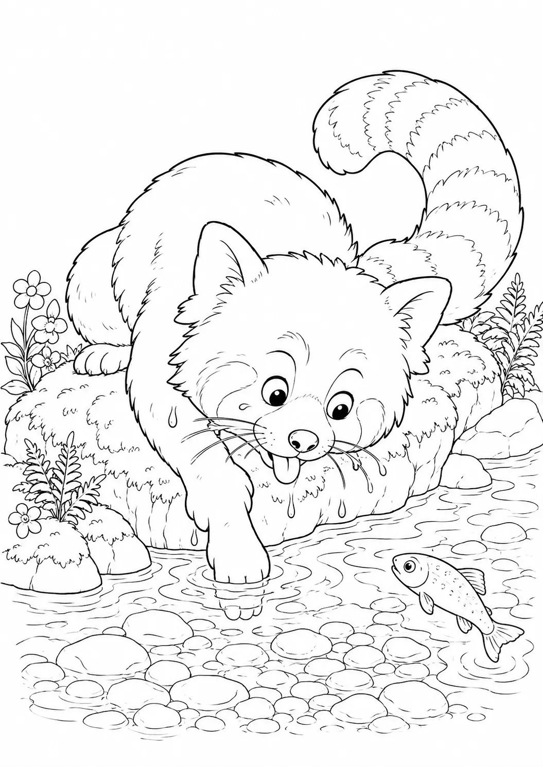 Ausmalbild: Roter Panda liegt am Ufer eines klaren Bergbachs und streckt die Zunge ins Wasser