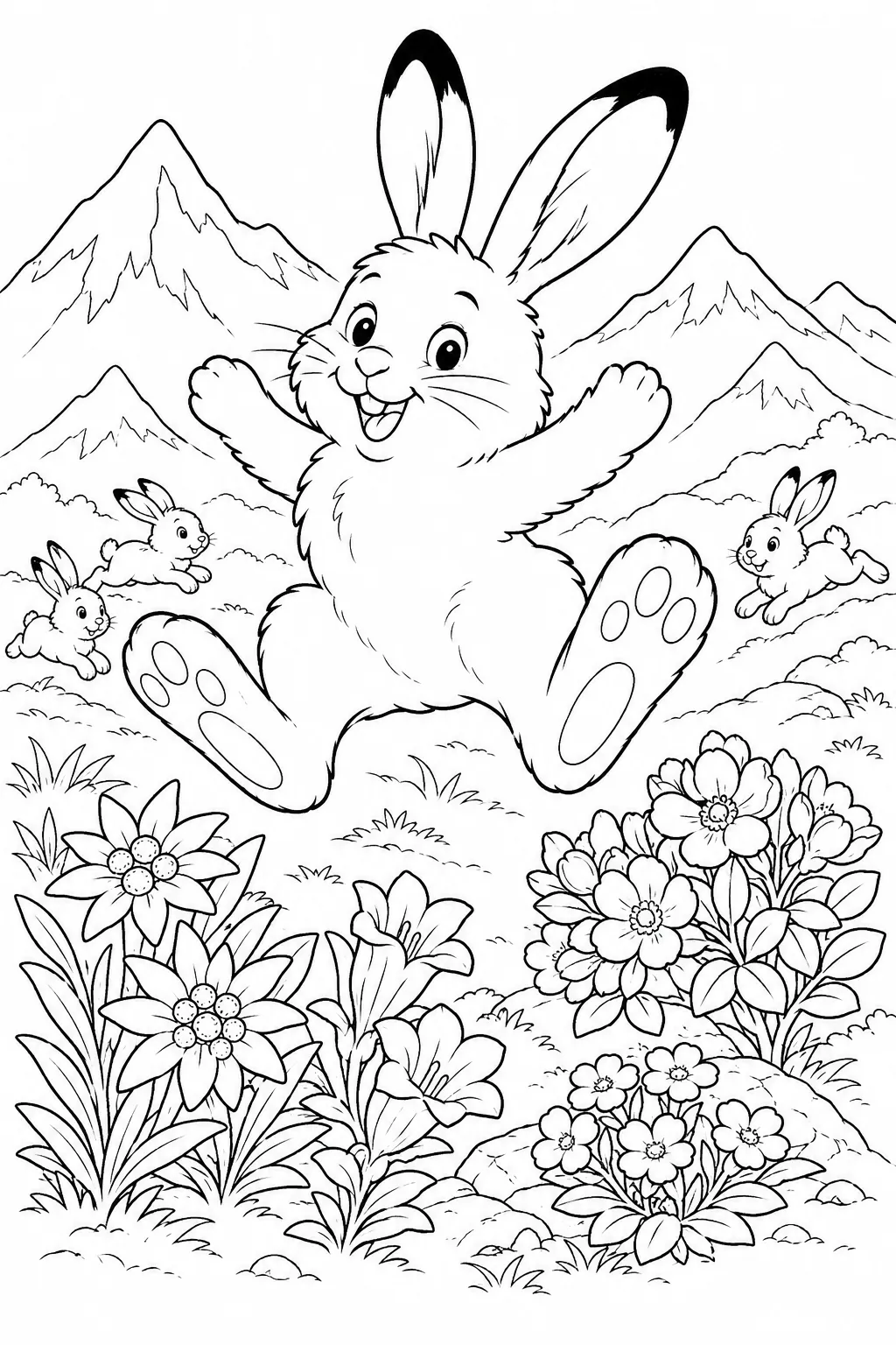 涂色页：圆形雪兔快乐地跳过充满彩色野花的高山草甸