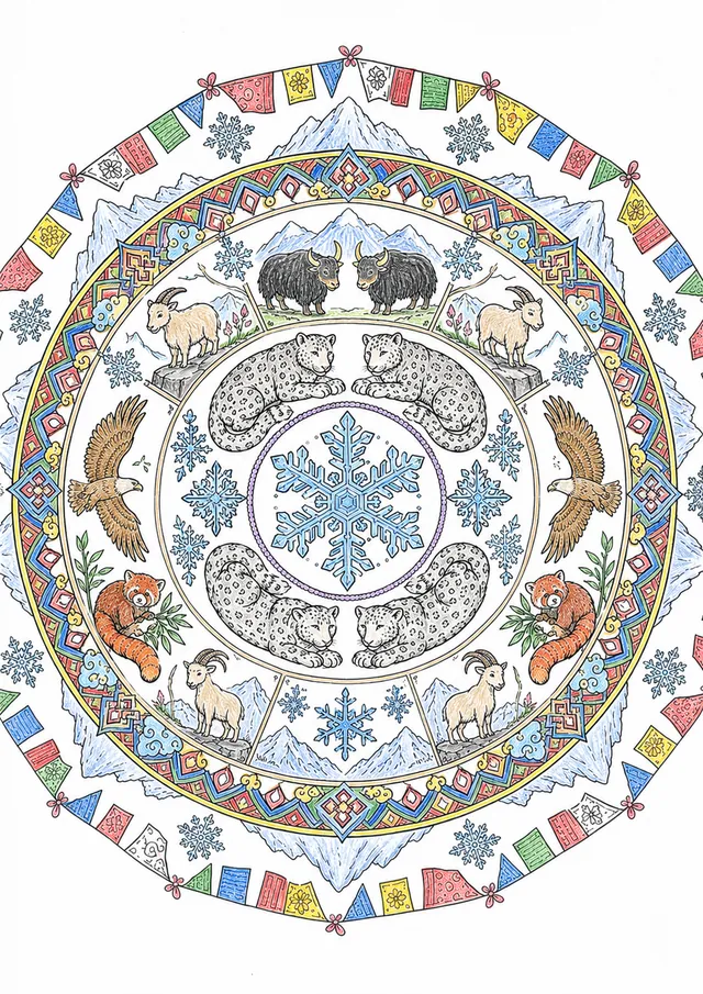 Ausmalbild: Detailliertes Himalaya-Mandala mit Schneeflocken, Schneoleoparden und tibetischen Mustern