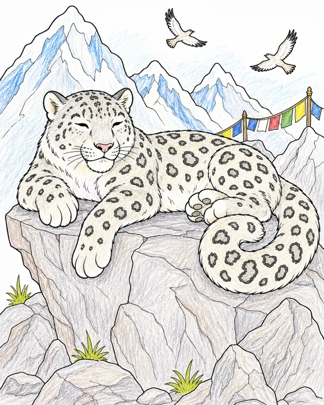 Ausmalbild: Schneeleopard liegt entspannt auf Felsen und sonnt sich im Himalaya