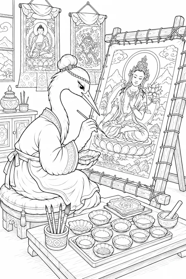 Tibetan Thangka Painter at Work