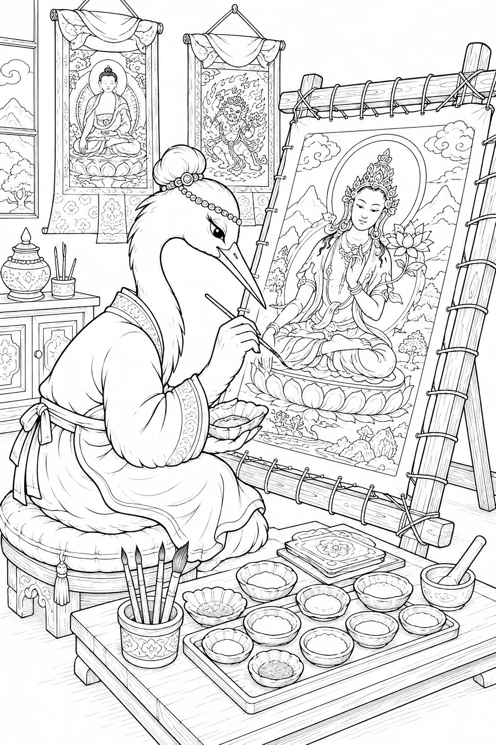 Ausmalbild: Tibetische Künstlerin malt mit feinen Pinseln einen detaillierten Bodhisattva auf Thangka