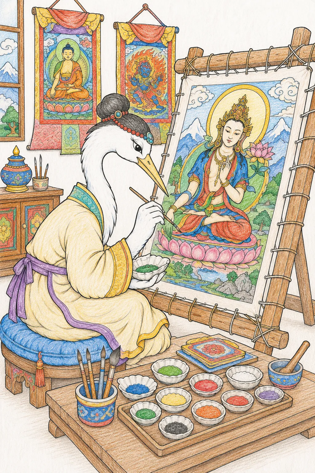 Tibetische Thangka-Malerin bei der Arbeit
