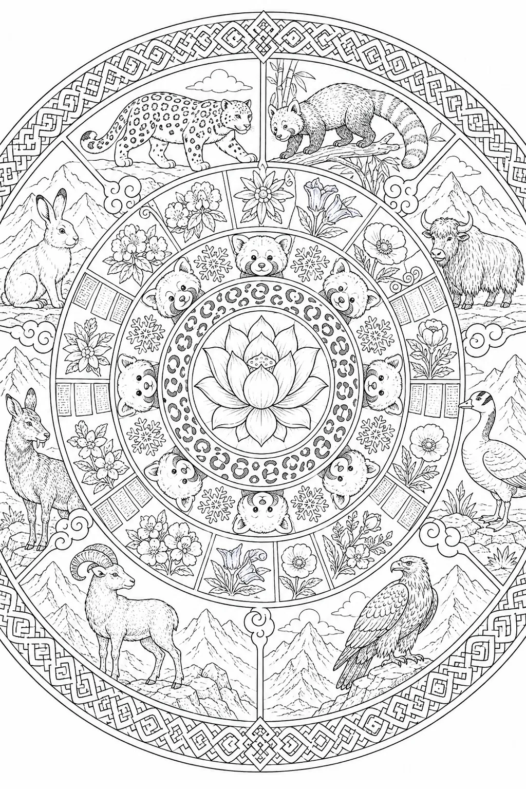 Ausmalbild: Kreisförmiges Himalaya-Mandala mit Schneeleopard, Rotem Panda und Lotusblüte im Zentrum