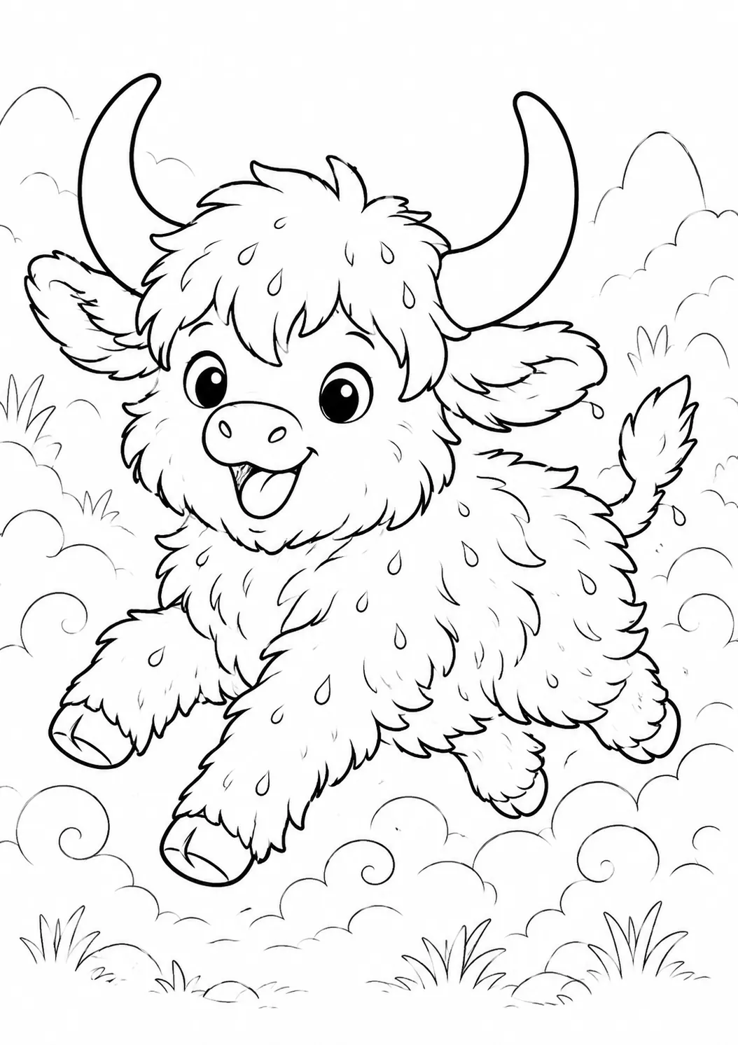 Ausmalbild: Kleines flauschiges Yak-Kalb rennt freudig durch Morgennebel auf der Bergwiese