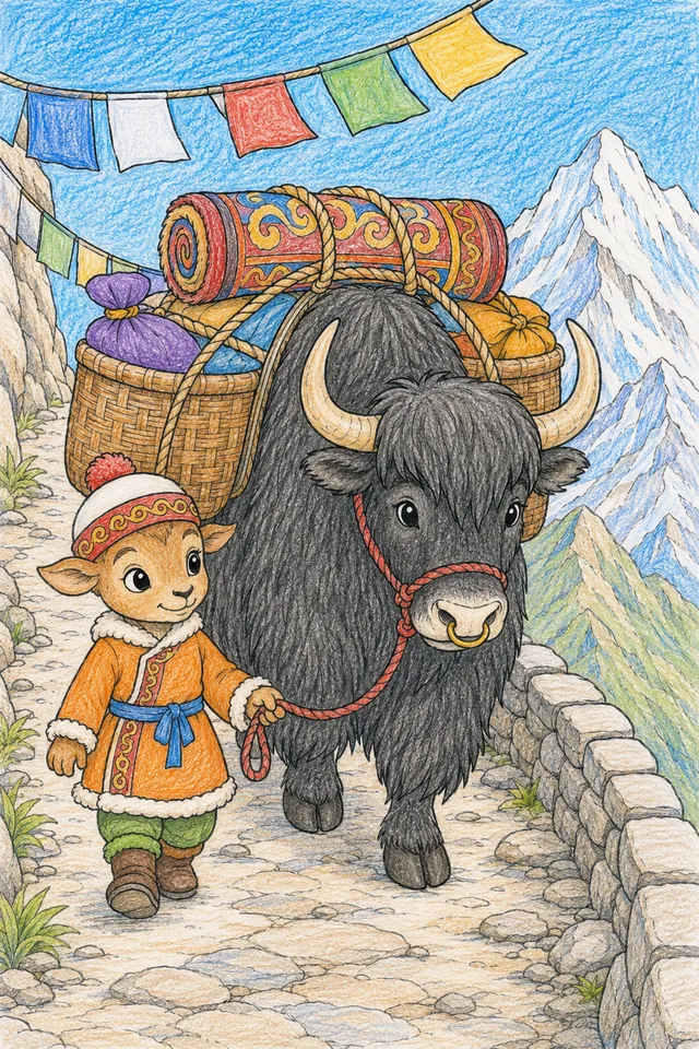 Ausmalbild: Beladener Yak mit Körben geht steady einen schmalen Bergpfad bergauf