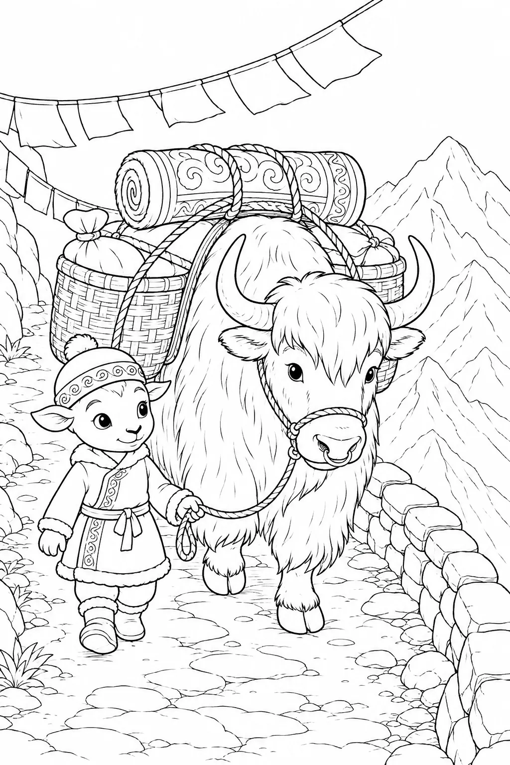 Ausmalbild: Beladener Yak mit Körben geht steady einen schmalen Bergpfad bergauf