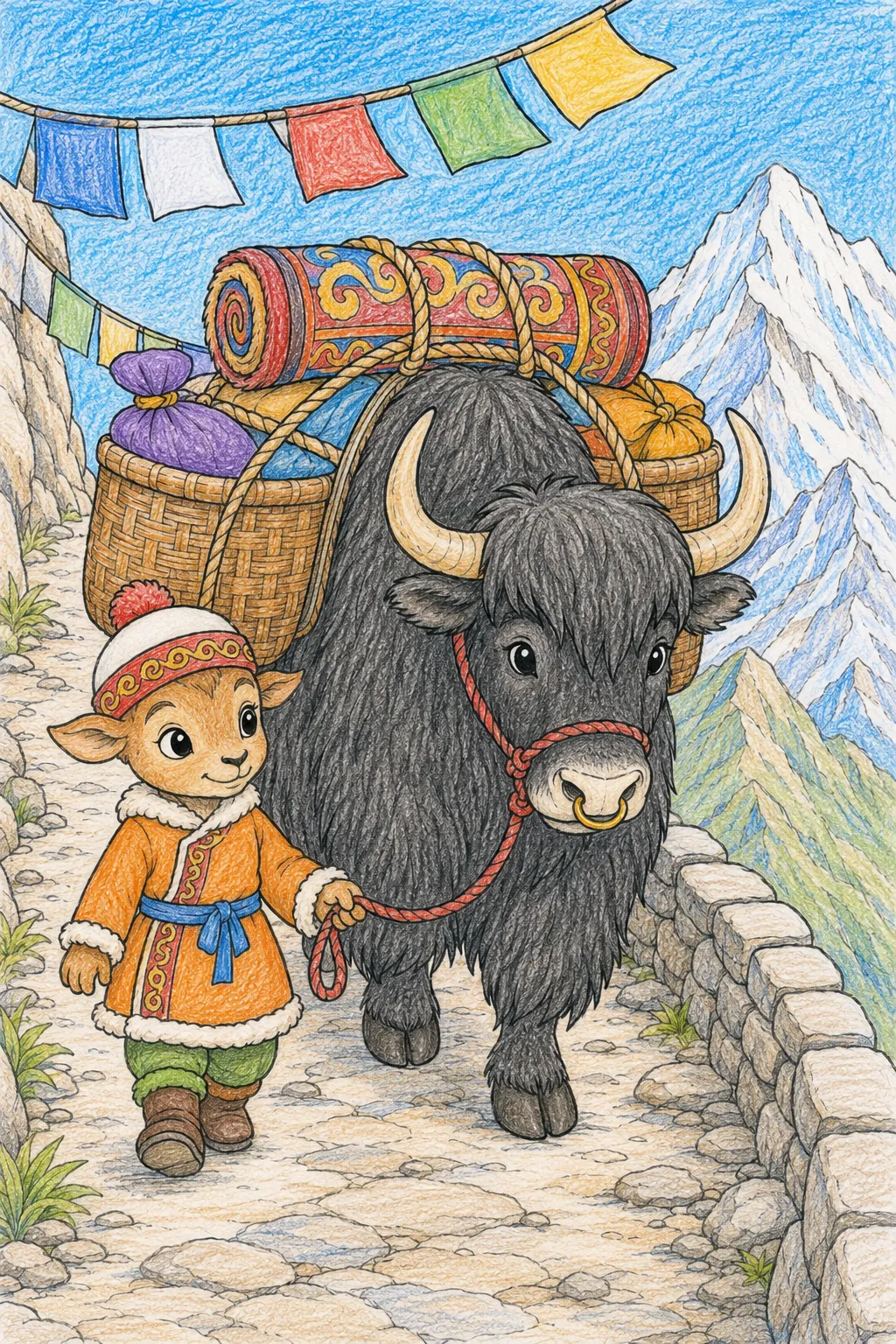 Yak trägt Lasten den Berg hinauf