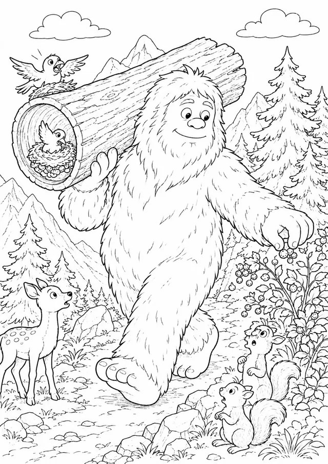 Yeti trägt Baumstamm mit einem Arm