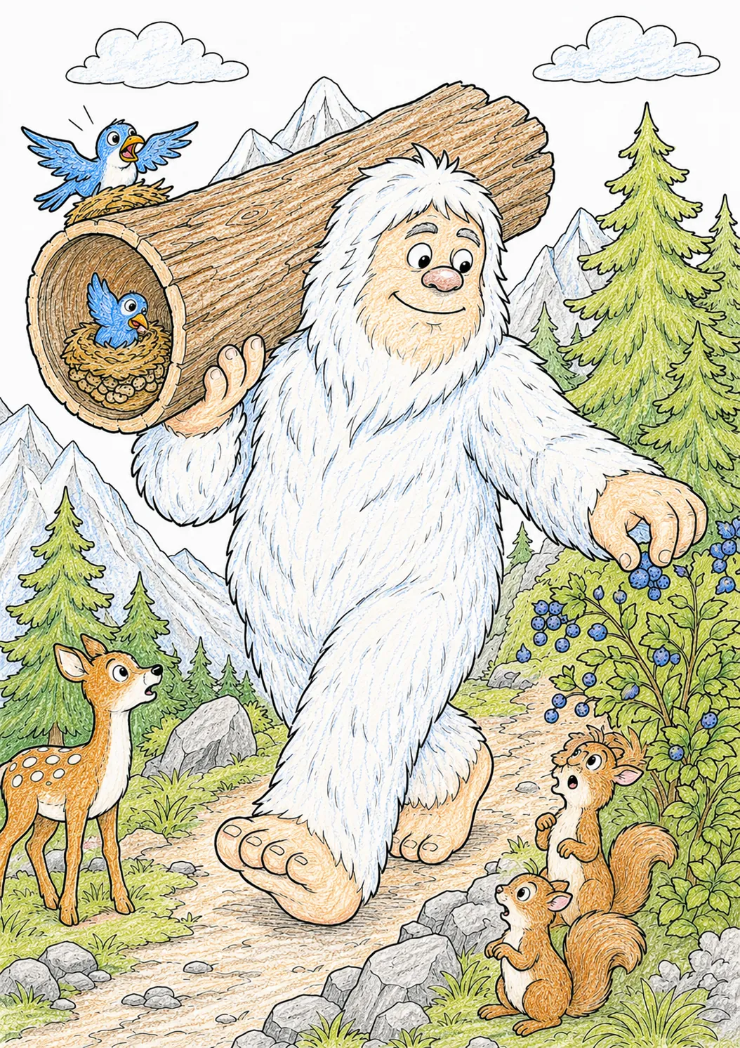 Yeti trägt Baumstamm mit einem Arm