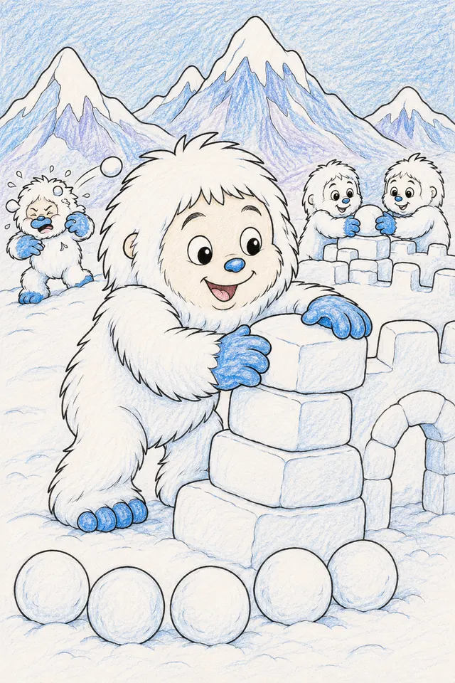 雪人家族在山口野餐 – 涂色效果预览