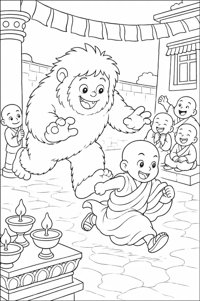 Yeti-Kind und Mönchskind spielen Fangen