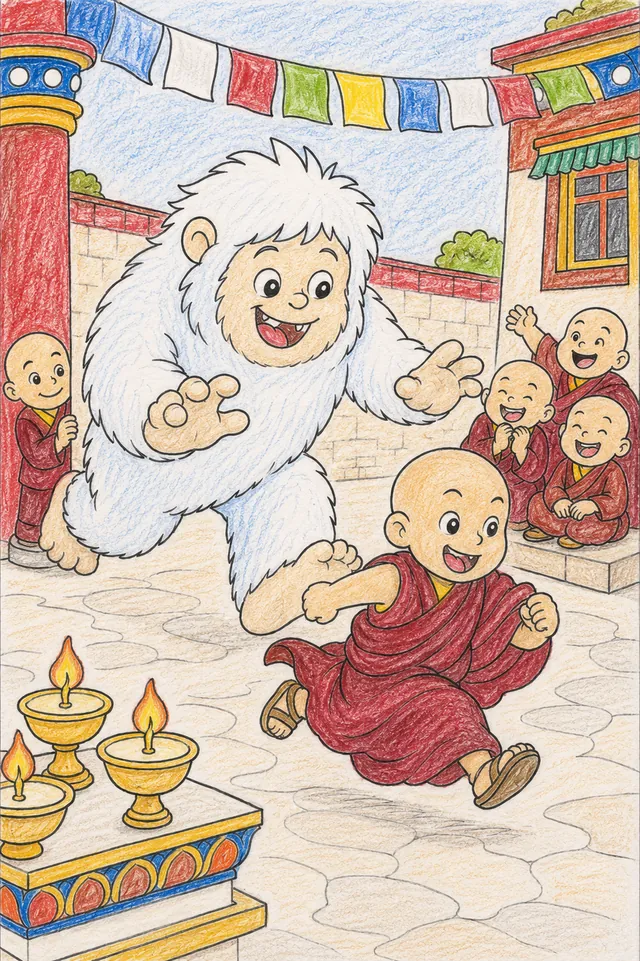 Ausmalbild: Yeti-Kind und Mönchskind spielen Fangen im sonnigen Klosterhof voller Freude