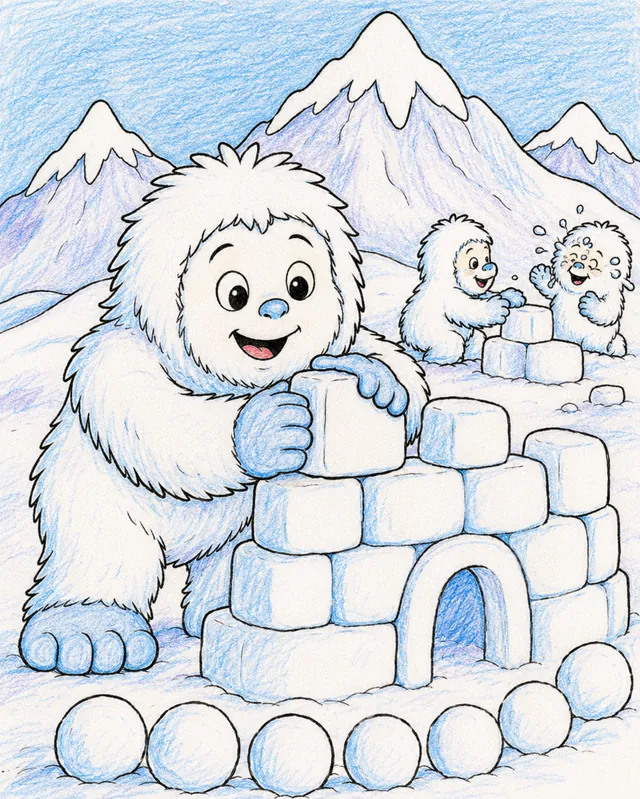 Ausmalbild: Flauschiges Yeti-Kind stapelt Schneeblöcke für sein Schneefort im Himalaya