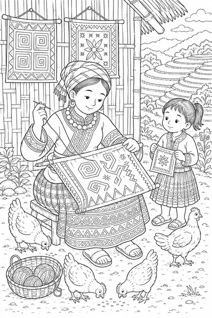 苗族paj ntaub刺绣女子