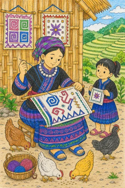 苗族靛蓝衣女子刺绣paj ntaub