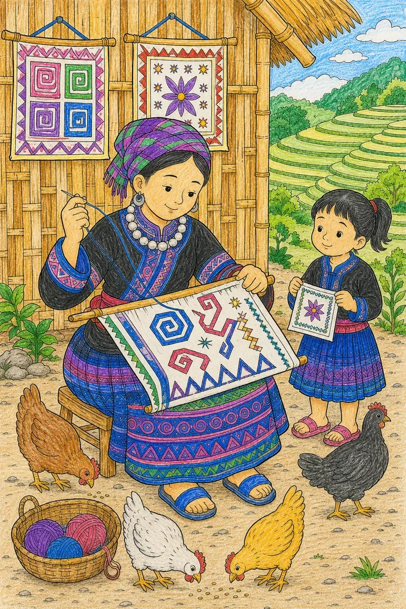Die Hmong-Stickerin am Paj Ntaub