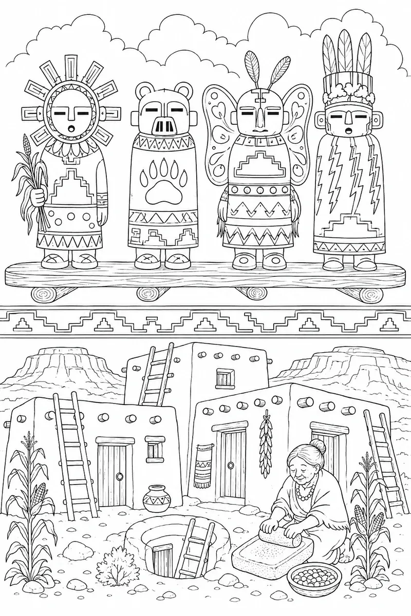 Diptychon mit vier Hopi-Katsina-Figuren oben und einem Mesa-Pueblo mit Lehmhäusern unten