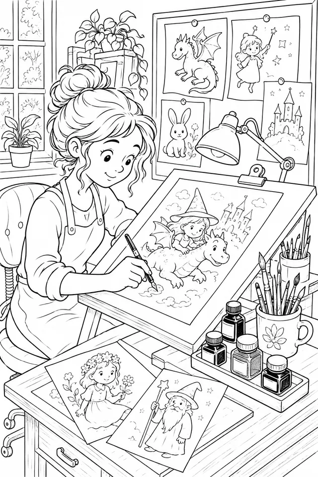 Illustratorin zeichnet Bilder für ein Kinderbuch