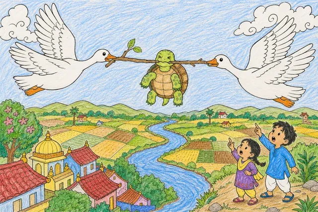 Schildkröte und zwei Gänse fliegen – So könnte es aussehen