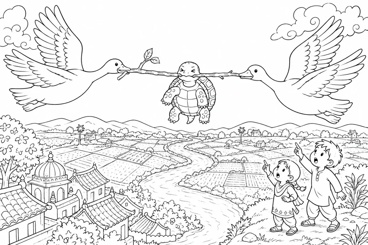 Ausmalbild einer fliegenden Schildkröte zwischen zwei Gänsen über indischen Feldern