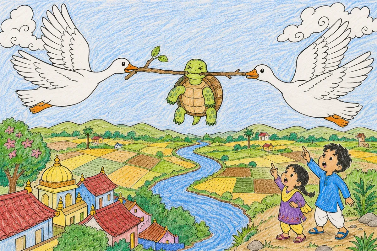 Schildkröte und zwei Gänse fliegen