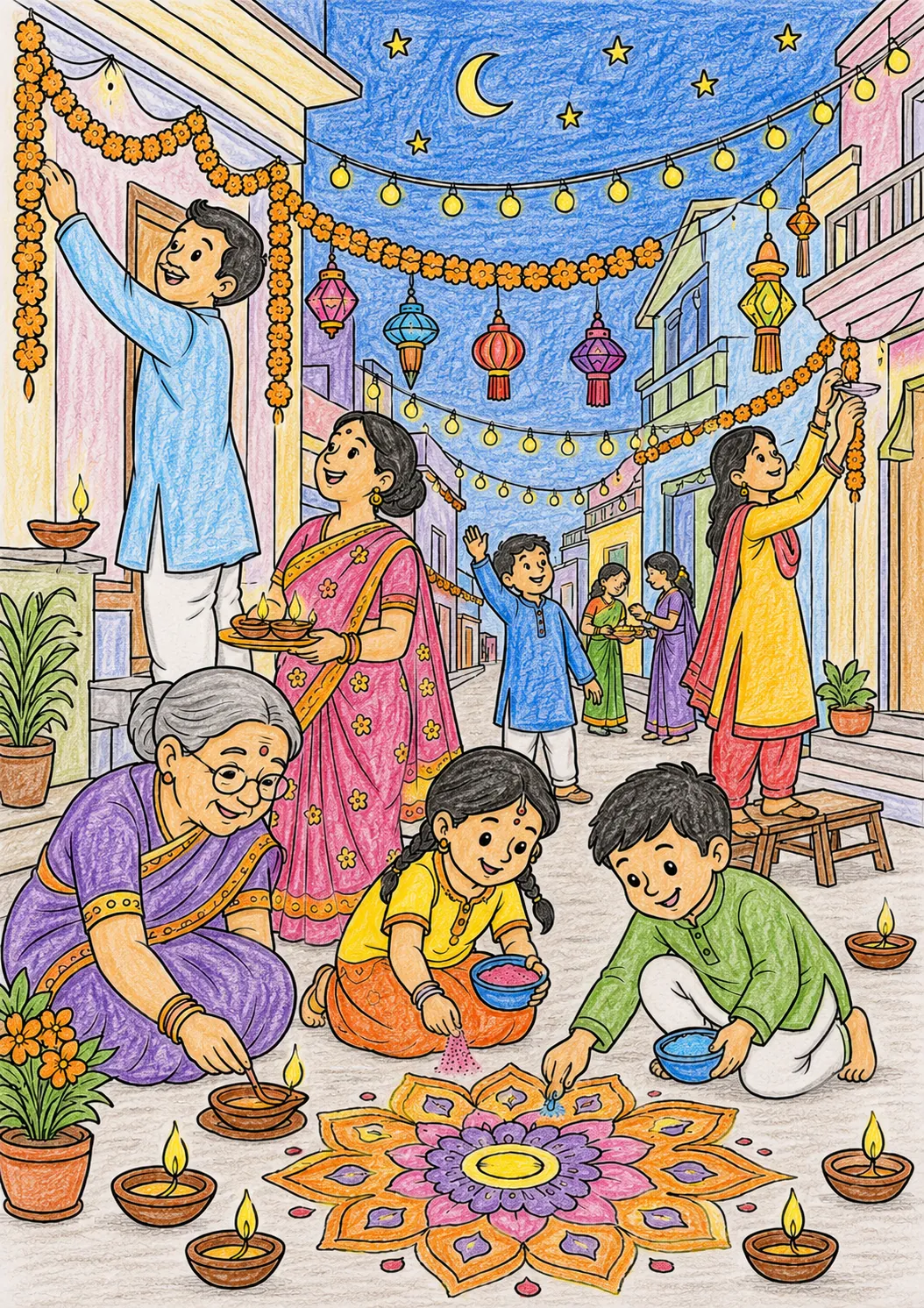 Indische Nachbarn schmücken gemeinsam die Straße für das Diwali-Fest