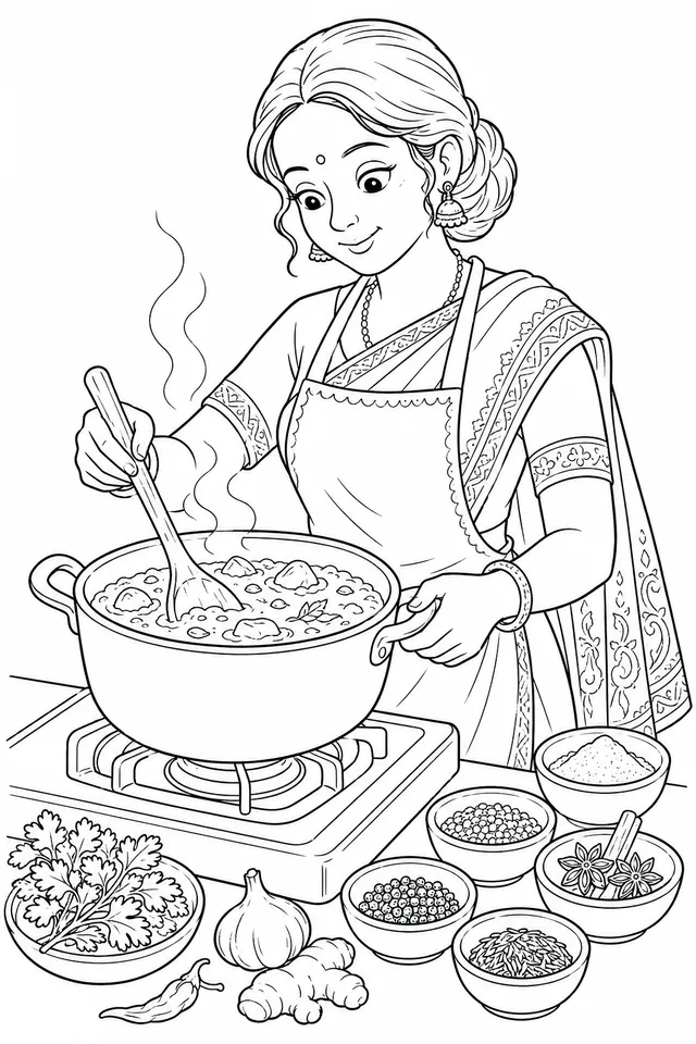 Indische Köchin rührt Curry im Topf