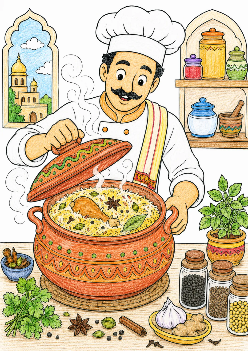 Indischer Koch hebt Deckel von Biryani-Topf