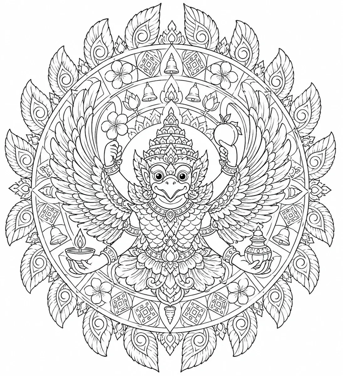 Mandala mit Garuda im Zentrum, zwei Flügeln, vier Armen und Frangipani-Wreath am Rand