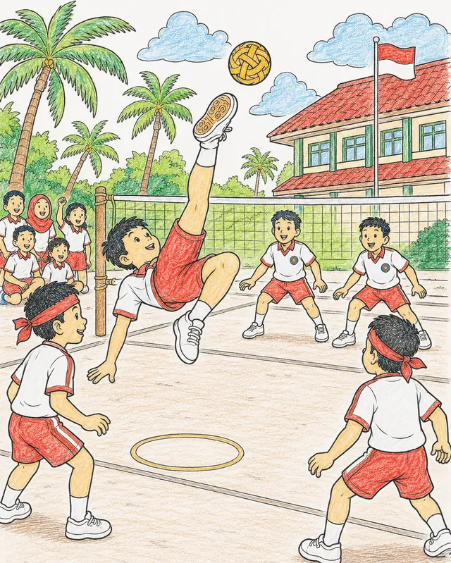 印尼孩子在学校操场打藤球，一名球员用藤球做自行车式踢球