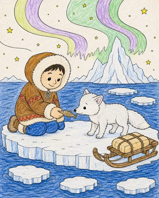 Inuit-Kind mit Polarfuchs auf Eisscholle – So könnte es aussehen