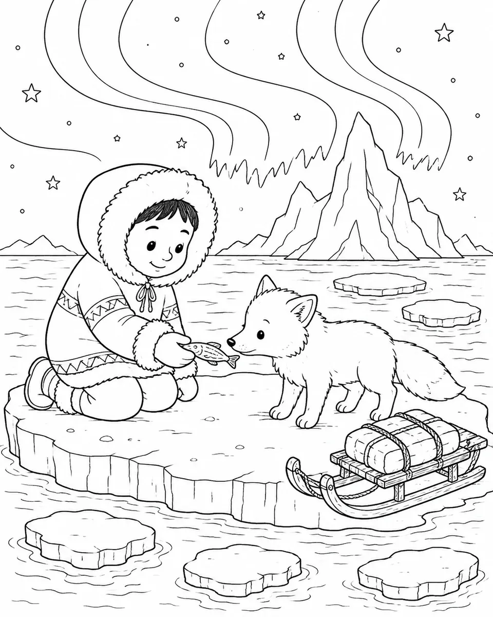 Ausmalbild eines Inuit-Kindes mit Polarfuchs auf einer Eisscholle unter Polarlicht