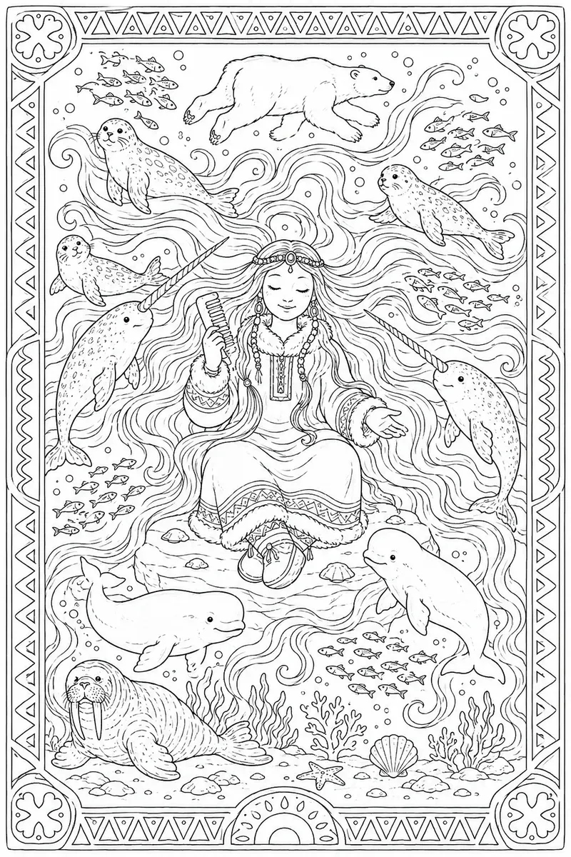 塞德娜深海端坐，长发承载海洋生灵