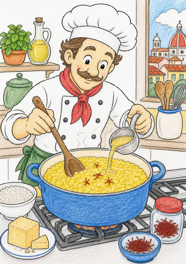 Italienischer Koch rührt Risotto alla Milanese – So könnte es aussehen