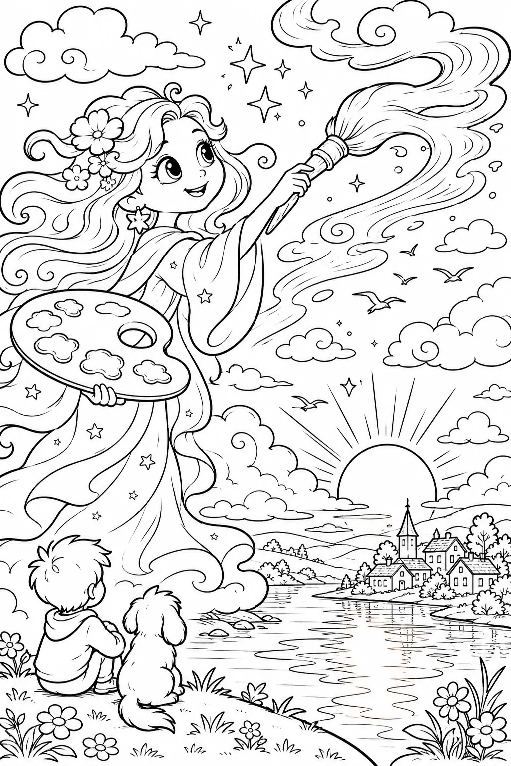 Coloring page: translucent sunset painter applying wide colour stripes to summer sky, village reflected in lake