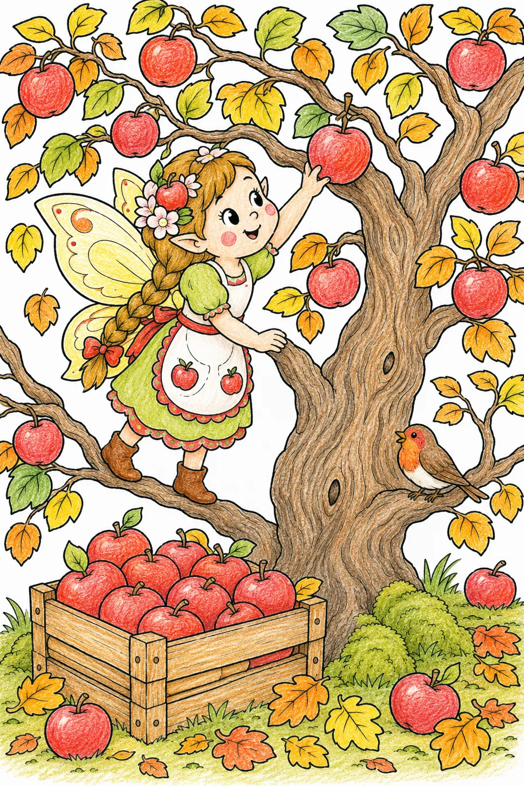 Apfelernte-Fee pflückt leuchtend rote Äpfel im goldenen Herbst-Obstgarten