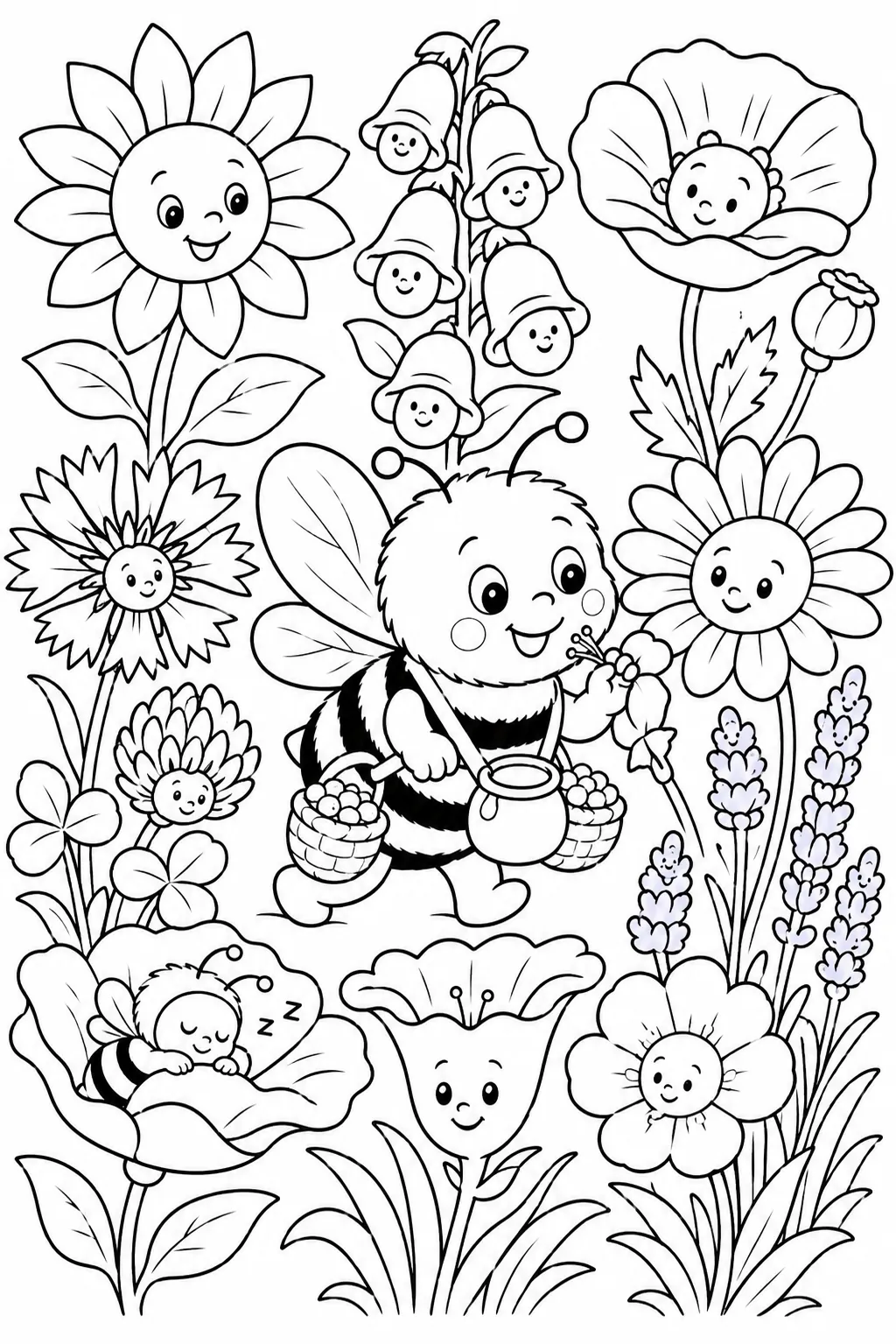 Colorear: niño abeja con cestas de polen y frasco de miel caminando por prado de flores, flores tienen caras