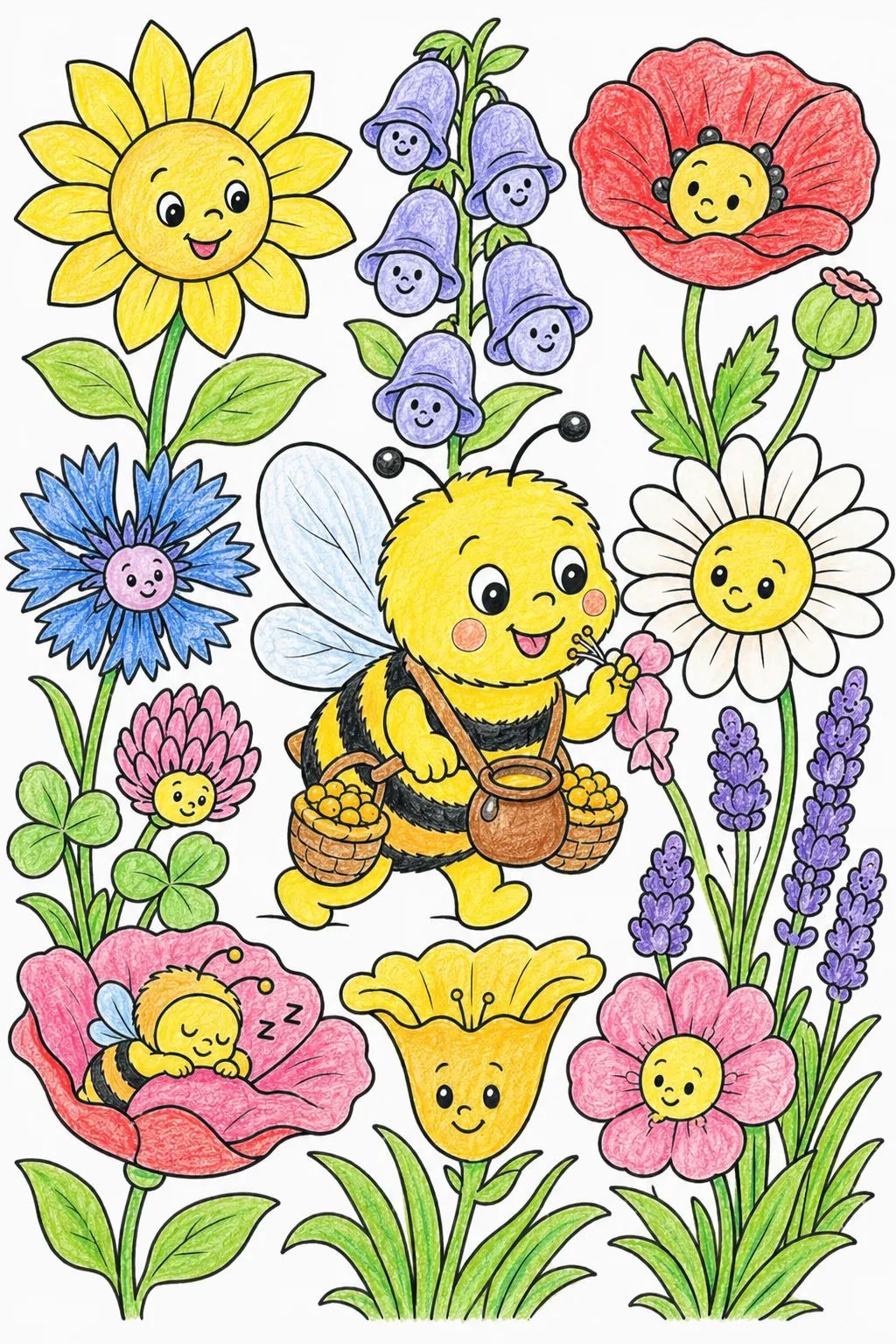 El niño abeja recoge néctar de verano en el prado de flores