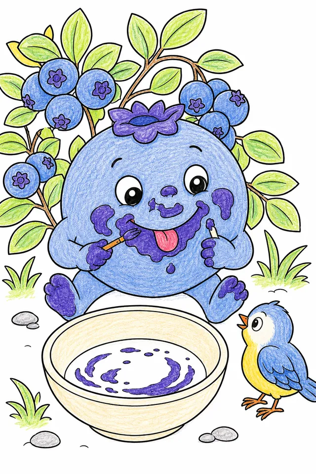 涂色页：圆圆的蓝色蓝莓孩子用浆果汁涂脸