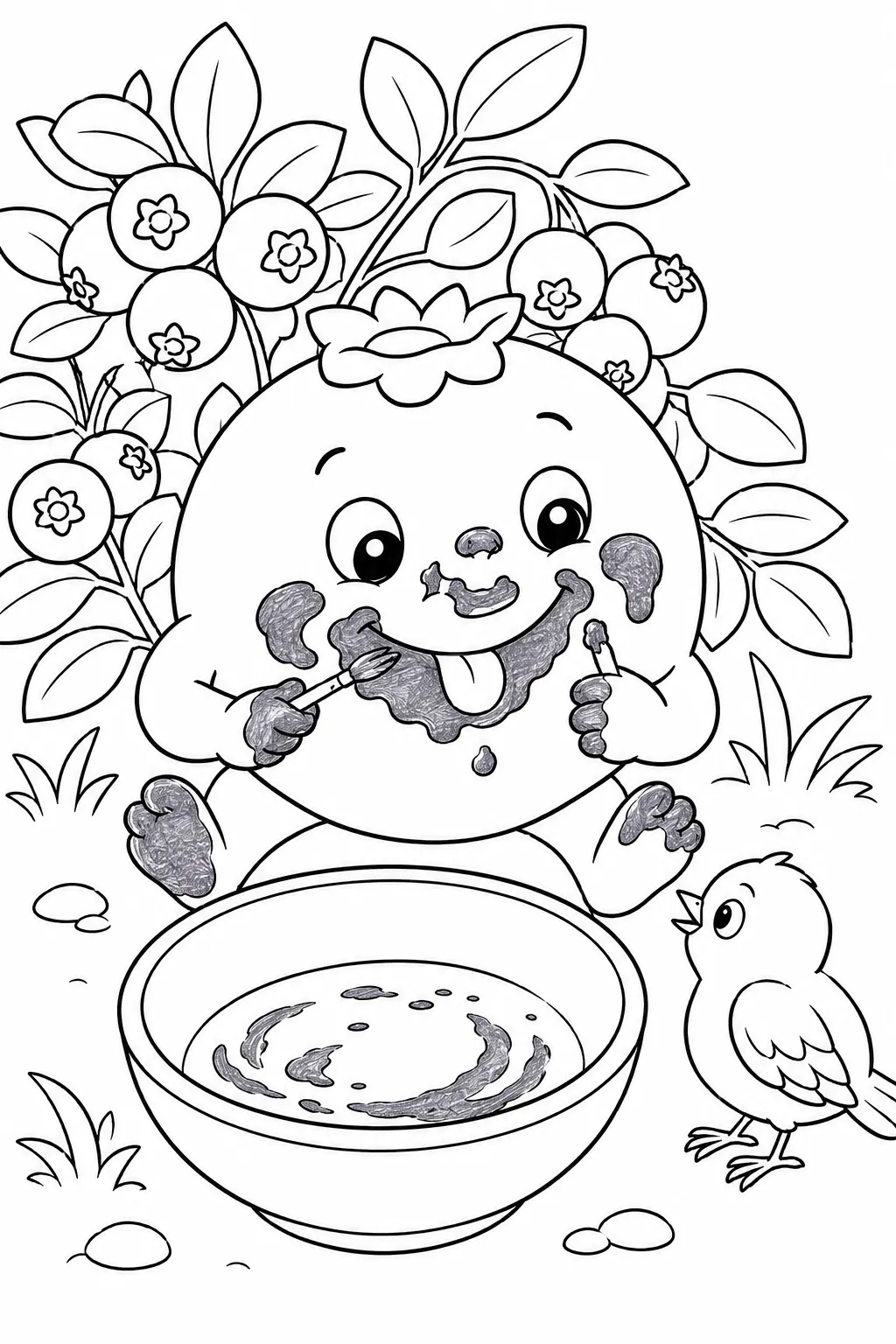 涂色页：圆圆的蓝色蓝莓孩子用浆果汁涂脸