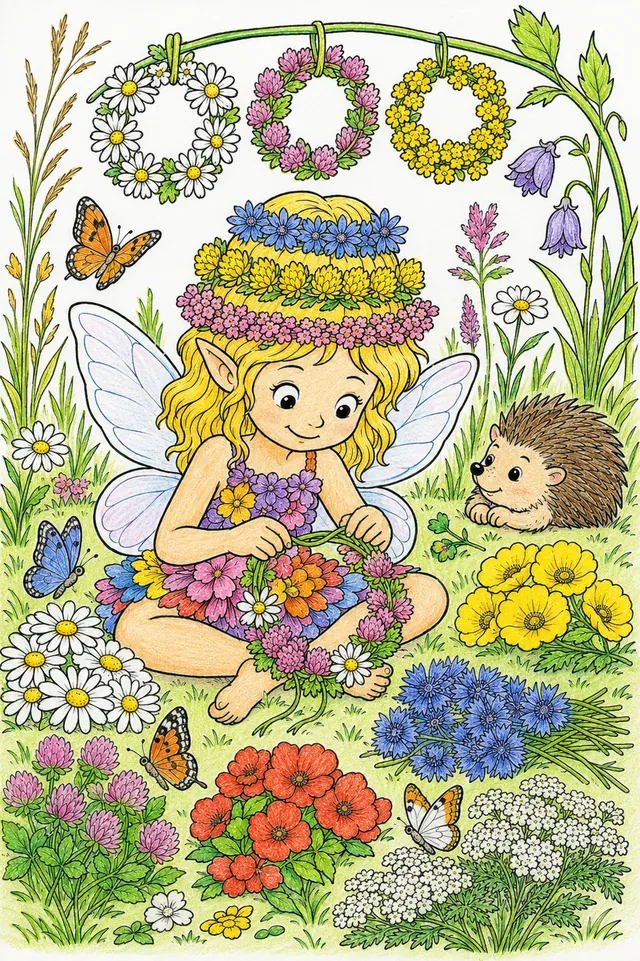 Ausmalbild: Blumenfee sitzt im Sommer-Gras und flicht Blumenkranz, fertige Kränze hängen am Grashalm