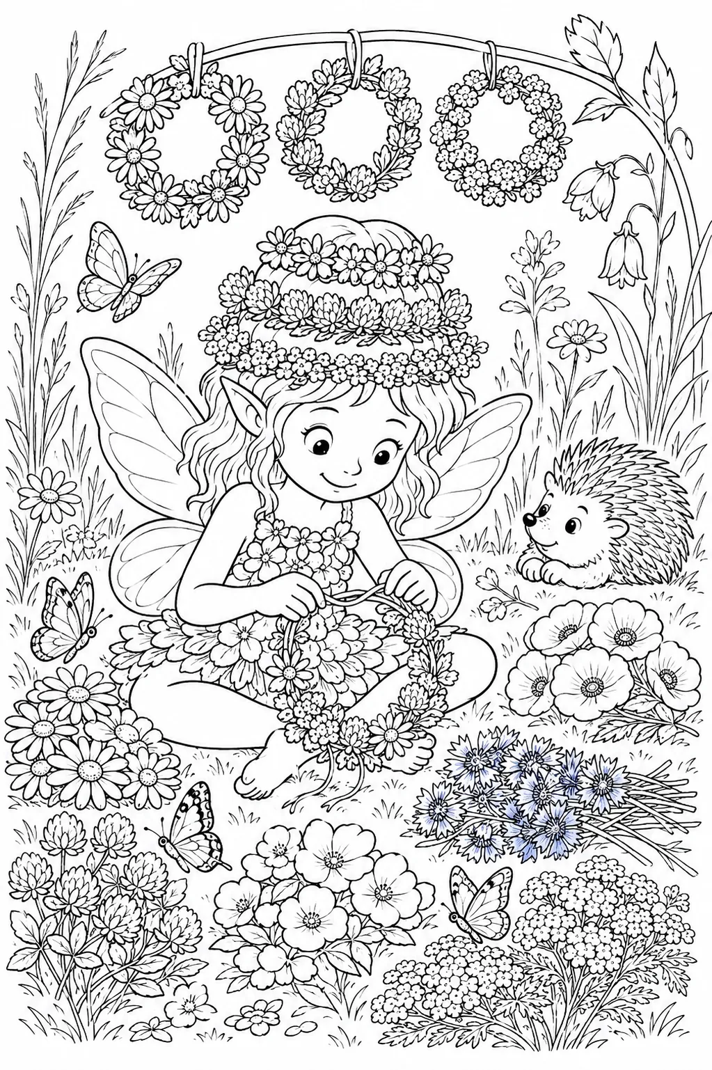 Coloring page: flower fairy sitting in summer grass weaving flower crown, finished wreaths hanging on grass stem