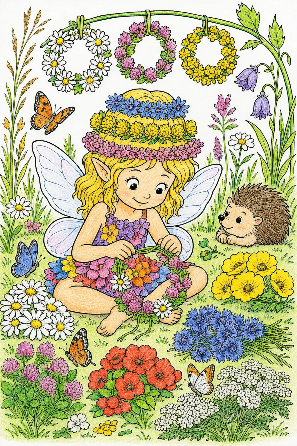 Flower Crown Fairy Weaving Colourful Wreaths in Fragrant Summer Grass